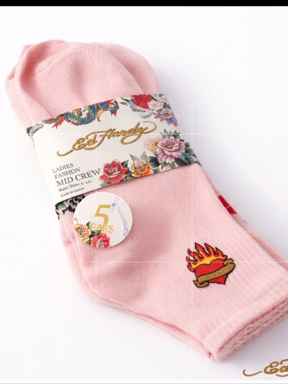 Ed Hardy 3 Pack Of Light Colored Mid Crew Socks with Flaming Heart Embroidery